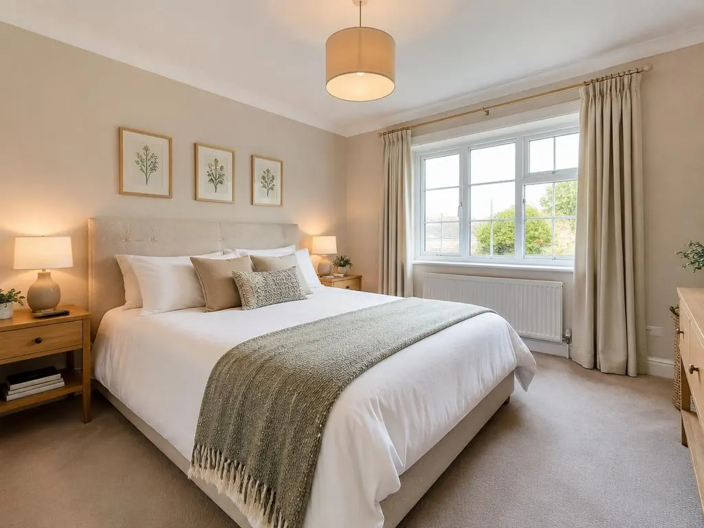 Bedroom with beige walls, a double bed with white bedding and a green throw, and cream curtains