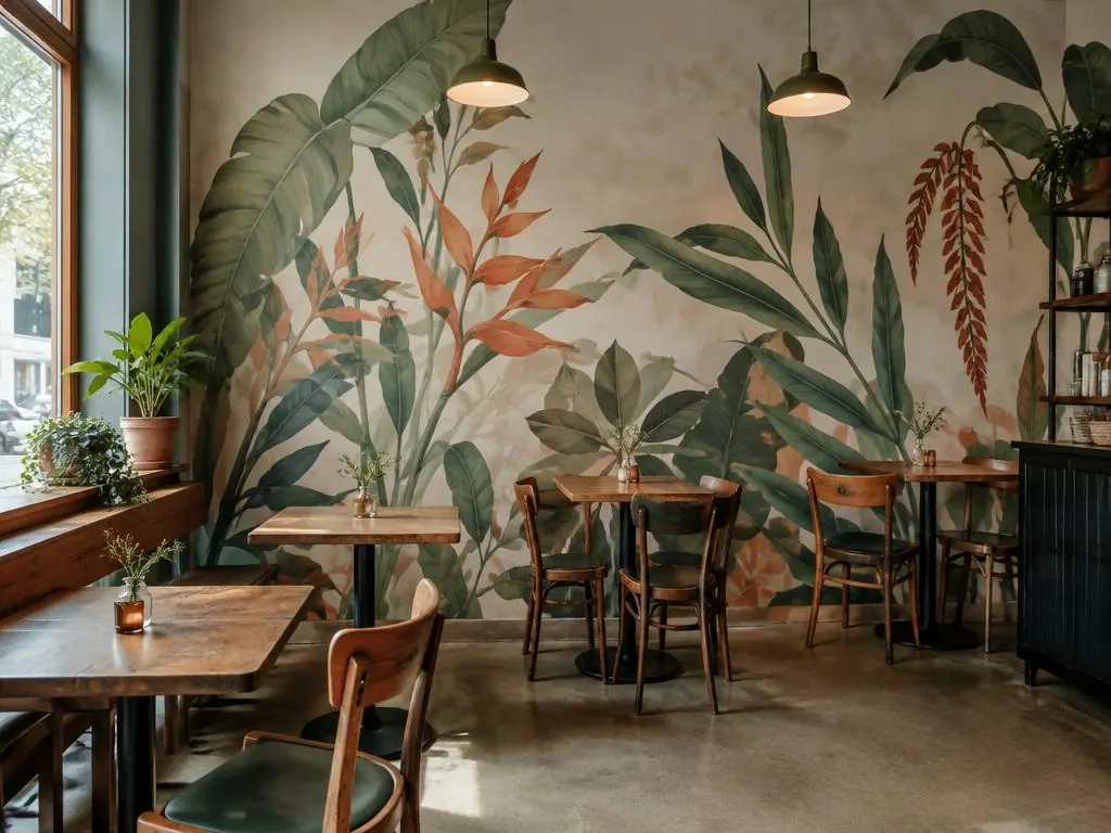Café interior with a large leafy plant mural on the wall behind wooden tables