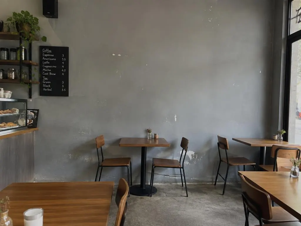 Café interior with a plain grey wall, wooden tables and a chalkboard menu