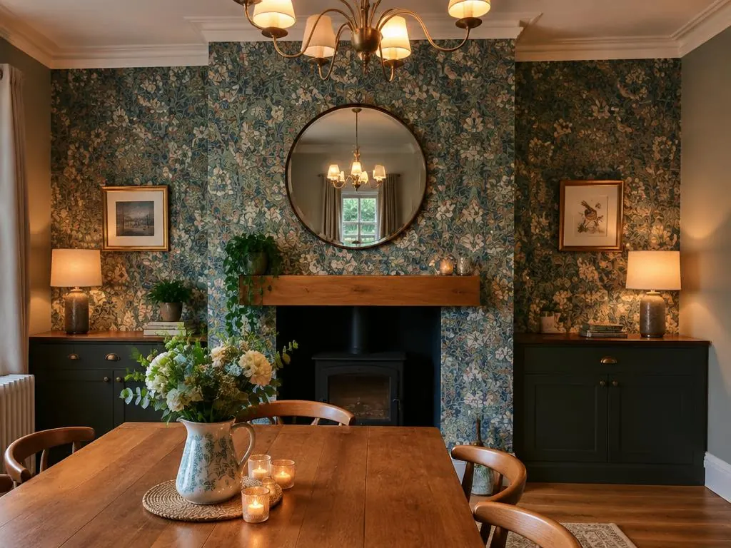 Dining room with dark floral wallpaper, a round mirror above a wood-burning stove and a wooden table