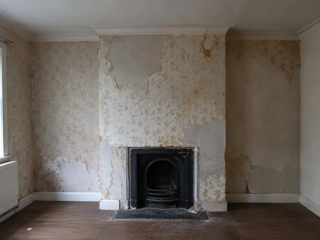 Room with peeling floral wallpaper around a cast-iron fireplace